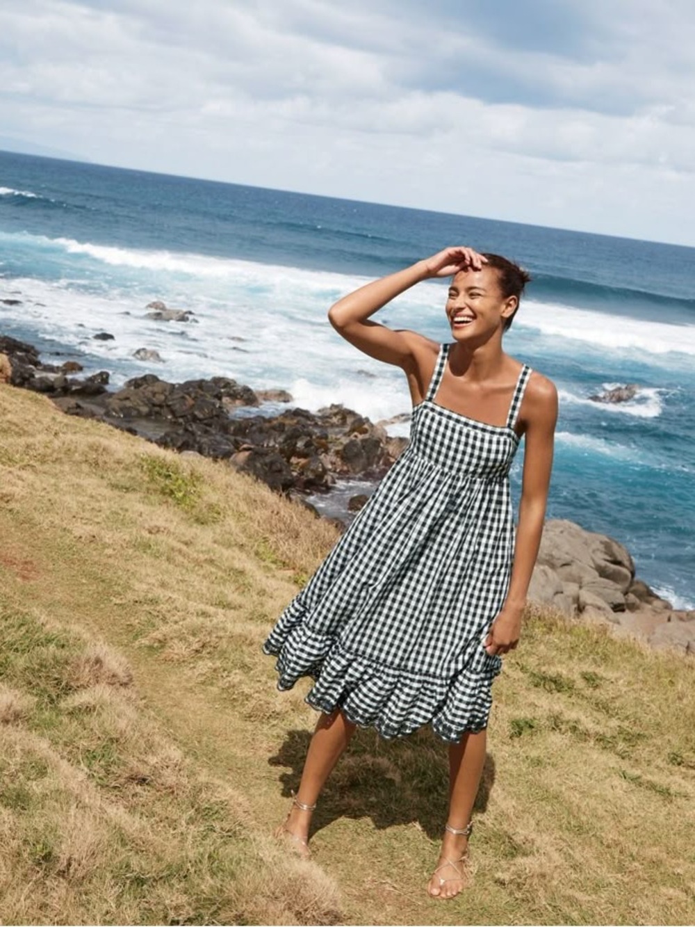 J.Crew Eyelet Trim Puckered Gingham Midi Dress